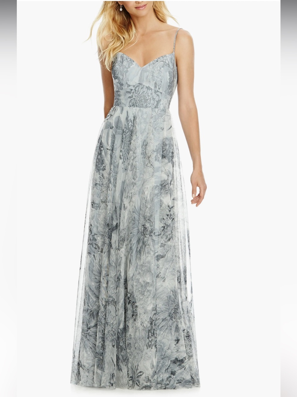 Gray Floral Lace A-Line Evening Dress with Sheer Overlay